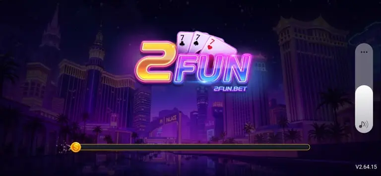 2Fun Bet app loading screen with neon logo, three playing cards and a night city skyline
